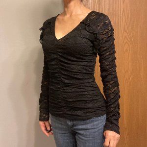 bebe Black Lace Top with Ruffles Long Sleeve S